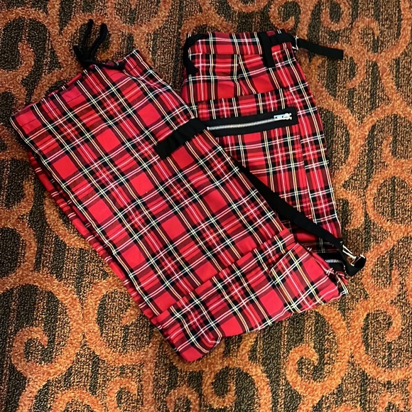 Tripp NYC Daang Goodman Red & Black Plaid Zip-Off Zippered Bondage Strap Pants - Picture 6 of 6